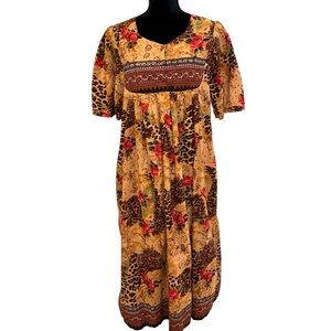 Vtg Phases Women’s House Patio Dress Size Med Cheetah Rose Print 100% Cotton